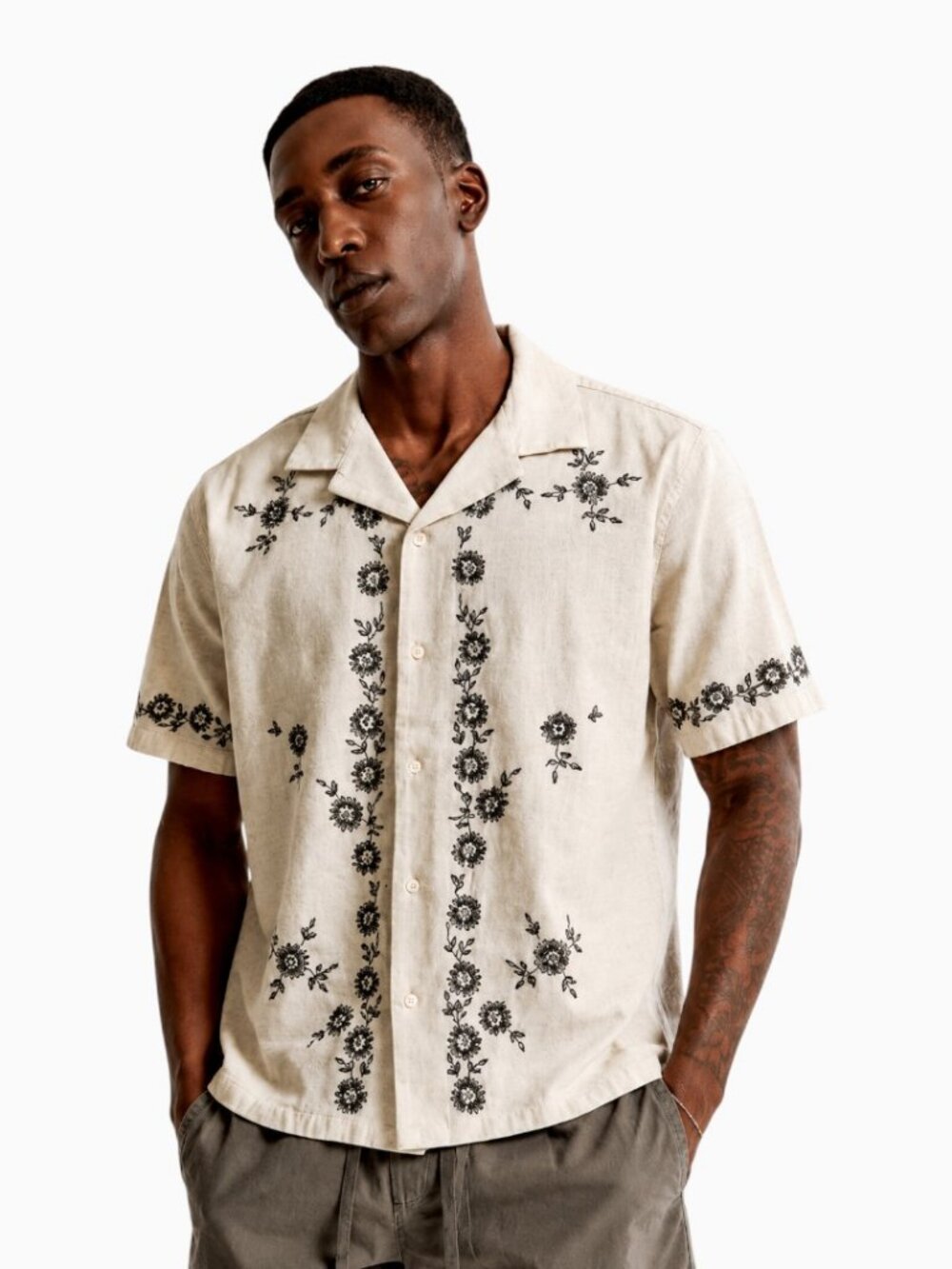 NWT ABERCROMBIE & FITCH CAMP COLLAR SUMMER LINEN-BLEND EMBROIDERED SHIRT